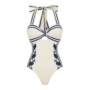 Maillot de bain une pièce monokini pour femme, style halter avec nœud, imprimé dauphin, bordure rayée et découpes, pour la plage, vente en gros, OEM ODM - Product Image 5