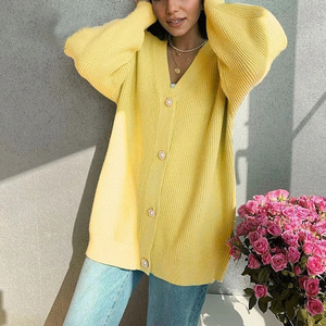 Cárdigan de punto largo informal para mujer Otoño Invierno suéter de manga farol suelto cárdigan básico botón blanco Tops de mujer - Product Image 4