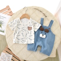 Combinaison décontractée en jean pour bébé, style salopette, motif ours, manches courtes, adorable tenue d'extérieur pour nouveau-né et tout-petit, printemps
