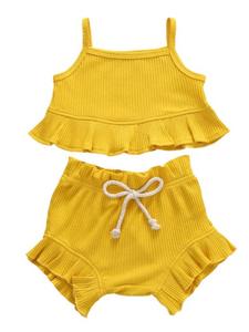 OEM ODM personalizado para niñas pequeñas, conjunto <span class=keywords><strong>de</strong></span> ropa <span class=keywords><strong>de</strong></span> algodón acanalado, Top con volantes, pantalones cortos <span class=keywords><strong>de</strong></span> cordón, trajes para bebés - Product Image 3