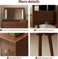 Bureau de maquillage en noyer avec miroir LED rabattable et pieds évasés, table de maquillage et bureau d'ordinateur 2-en-1 avec 3 tiroirs pour chambre à coucher