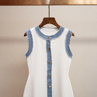 Robe Courte Tricotée Sans Manches Style Décontracté pour Femme, Coupe Ajustée, Boutonnage Simple, Patchwork Denim, Taille Naturelle, Tissée