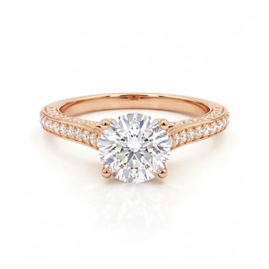 Bague en or 9k, 14k, 18k avec diamant rond et triple pavé - Product Image 3