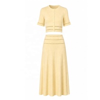 Ensemble jupe et haut en tricot à col rond perlé, à simple boutonnage, à manches courtes, de haute qualité, pour femmes, 2 pièces, AIMEISI
