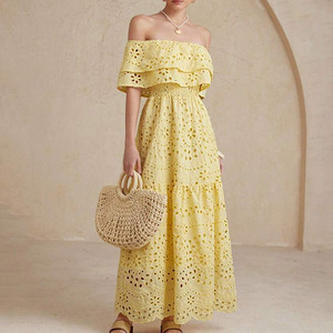 Robe longue brodée sans bretelles, ajourée et cintrée à la taille, en coton respirant de haute qualité, style OEM - Product Image 2