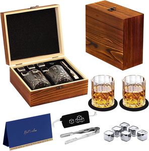 Whiskey Set Gifts for Men Stainless Steel Whisky cubes 2 Crystal Whisky Glasses 1 Blessing Card in a Exquisite Wood box