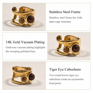 Tiger Eye <b>Open</b> <b>Ring</b> Stainless Steel 14K Gold Vacuum Plated Adjustable Two Cabochon Wide Statement <b>Ring</b> 19.4 mm - Product Image 5
