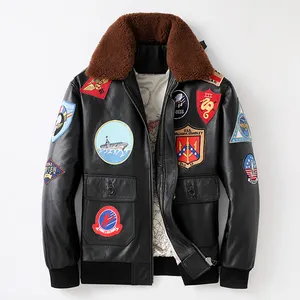 Hombres Top Gun parches G1 Cuello de piel Bomber chaqueta de cuero