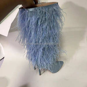 Tüyler ile meşgul kız N4784 diz çizmeler moda lüks yüksek topuklu özel boyut 12 açık mavi siyah bulanık faux devekuşu kürk çizmeler - Product Image 6