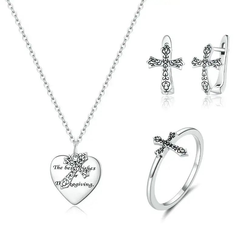 Groothandel Luxe Sieraden 925 Sterling Zilveren Kruis Vrouw Oorbellen Ringen En Ketting Sets