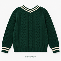 Pull personnalisé pour femme à col en V, tricot torsadé, manches longues, bordure contrastée à rayures, avec logo en relief pour l'automne et l'hiver
