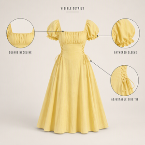 Abito Elegante <span class=keywords><strong>da</strong></span> <span class=keywords><strong>Donna</strong></span> Giallo con Scollo Quadrato, Maniche a Sbuffo, Corpetto Aderente e Gonna Midi Svasata con Laccio Laterale per l'Estate e le Serate Romantiche - Product Image 5