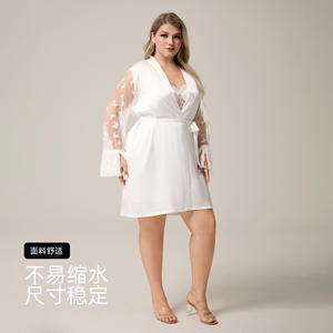 Luxury <b>Satin</b> Lace Plus Size Full Length <b>Robe</b> <b>Womens</b> Sleepwear Sexy Home Loungewear Comfortable Night Dress Soft Solid Simple - Product Image 3