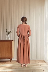 Women Linen Cotton Maxi Dress Casual Loose Regular Fit Long A-Line V-neck Eco-Friendly <b>Belt</b> <b>Pockets</b> Clothing B2B Wholesale - Product Image 3