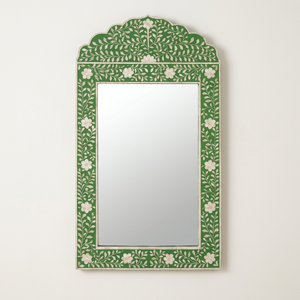 Elegante Espejo de Pared de Buena Calidad con Marco Hecho a Mano, Incrustaciones Florales Verdes, Espejo de Pared Arqueado con Marco Decorativo de Madera Tradicional - Product Image 1