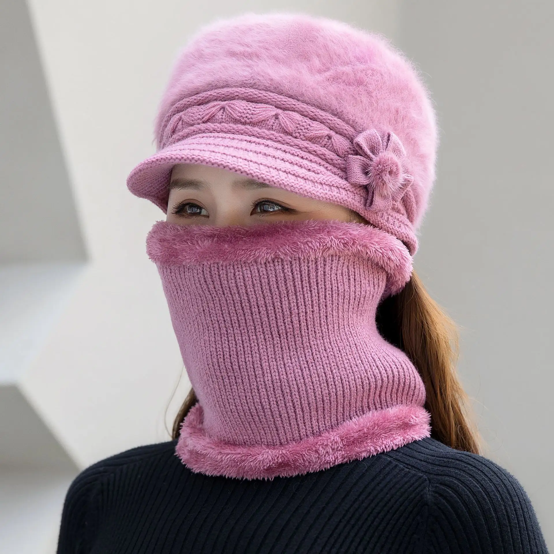 Las últimas mujeres cálidas a prueba de frío terciopelo grueso invierno tejido tubo cara cuello bufanda gorro conjunto