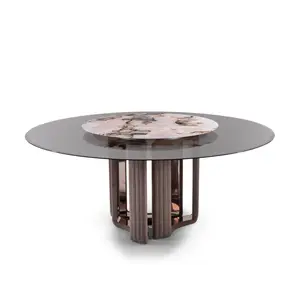 意大利大理石设计师圆形现代餐桌黑色钢化玻璃套装6 8座轻型豪华圆形餐桌