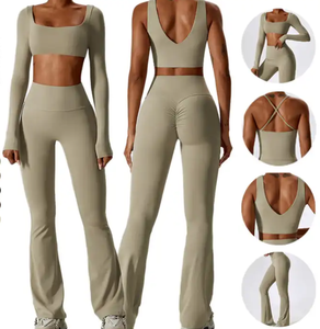Wholesale Fitness Yoga Wear 4 Pcs Seamless Workout Women Gym Sets Custom Logo Free Sample Long Sleeve Leggings Set