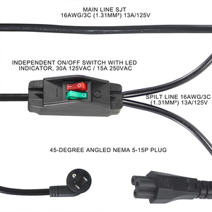 Cable de extensión de alimentación en Y con enchufe angulado de 3 clavijas estadounidenses, dos puertos IEC C5 con interruptores separados para computadora portátil, impresora y luces LED - Product Image 4