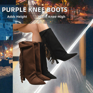 รองเท้าบูทแฟชั่นสไตล์ตะวันตกสีม่วงลายสก็อตบุขนสัตว์สูงถึงเข่า ส้นสูง เซ็กซี่ อุ่นสบาย สำหรับฤดูใบไม้ร่วงและฤดูหนาว ช่วยเพิ่มความสูง - Product Image 2