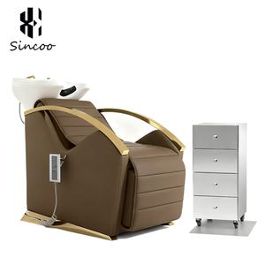 Barbería de acero inoxidable dorado de alta calidad con masaje eléctrico para levantar piernas, silla de champú, cama de champú de color personalizable - Product Image 1