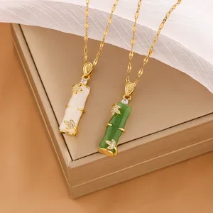 2024 gold plated stainless steel necklace jewelry long bamboo shape natural stone jade pendant necklace for women