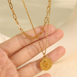 Collier avec pendentif en forme de pièce de monnaie pour femmes, en alliage de zinc, breloque ronde, chaîne de clavicule, bijoux de style européen - Product Image 1