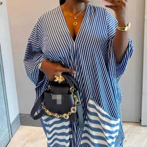 Nuevos Vestidos Casuales Sencillos a Rayas con Cuello en V Profundo y Bolsillos Grandes para Mujer Africana de Talla Grande - Product Image 4