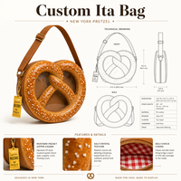 Sac à bandoulière personnalisé style Pretzel, sac Ita, avec fenêtre transparente ronde en PVC pour affichage, doublure Deli Check, breloque pochette moutarde, sac souple style NY