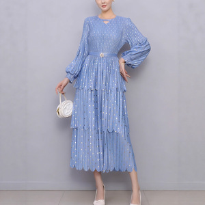 Vestido Midi Miyake Plisado de Línea A, Casual, Vintage, con Estampado de Lunares, Manga Farol y Cintura Holgada para Mujer, <span class=keywords><strong>Venta</strong></span> Directa de Fábrica - Product Image 5