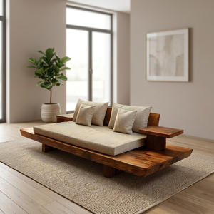 Sofá Cama de Madera Maciza Suar, Estilo Escandinavo Moderno Minimalista, Muebles para Sala de Estar, Estructura de Madera Sólida, Cojín de Tela, Diseño sin Brazos - Product Image 3