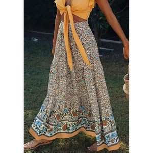 FOXA Jupe longue plissée à taille haute élastique pour femme, imprimé floral vintage, style bohème - Product Image 2