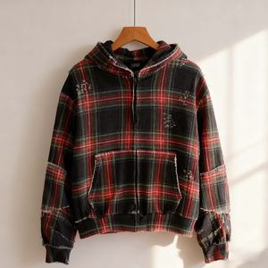 Veste à capuche zippée en molleton français 100% coton, patchwork à carreaux, color block, pour hommes, fabriquée par RAMAX Clothing Manufacturers - Product Image 2