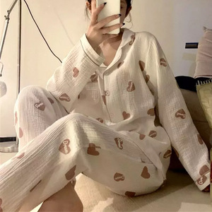 Conjunto de <span class=keywords><strong>Pijama</strong></span> Personalizado para Mujer, Otoño <span class=keywords><strong>Invierno</strong></span>, Manga Larga, Cárdigan, Pantalones, Estampado de Amor, Estilo <span class=keywords><strong>Burbuja</strong></span> Arrugada, para Uso en el Hogar - Product Image 3