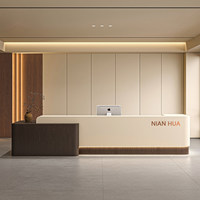 Comptoir de réception moderne de luxe bicolore en MDF avec bande LED, comptoir de caisse droit pour bureau d'entreprise, hall d'hôtel