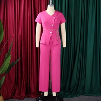 D618 Tenues d'été tendance pour femmes, haut élégant à manches courtes avec col en V et pantalon large, ensemble deux pièces, vêtements pour femmes