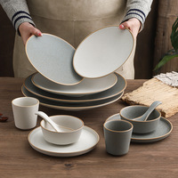 Ensemble de bols et d'assiettes en céramique vintage à glaçure mouchetée, vaisselle résistante au four et au micro-ondes pour la décoration de mariage et la restauration