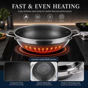 Wok Hybride Antiadhésif Double Face Nid d'Abeille en Acier Inoxydable Grande Taille 36cm 42cm, Compatible Induction, avec Couvercle en Verre - Product Image 4