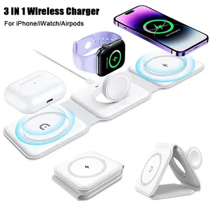 3 IN1磁気ワイヤレス充電器foriPhone 15 14 13 12 Apple Watch AirPods 15W急速充電ドックステーション折りたたみ式スタンド充電