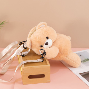 Cartoon <b>Brown</b> Bear Lie Prone Plush Doll Toys Girl Shoulder Bag Short Plush Kindergarten Children's Large Capacity <b>Backpack</b> - Product Image 5
