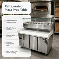 Table de préparation de pizzas commerciale réfrigérée en acier inoxydable avec protection anti-éclaboussures en verre et bacs GN