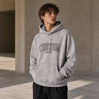 Sweat-shirt à capuche unisexe personnalisé 480G en molleton de coton épais, délavé et vieilli, avec bords bruts et motif universitaire