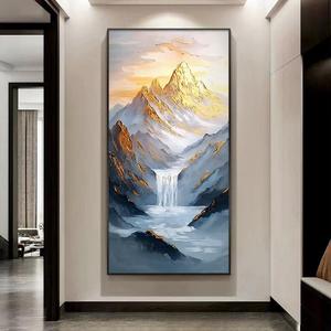 ภาพวาดสีน้ำมันวาดด้วยมือ ภาพทิวทัศน์ทะเลสาบ กรอบสีดำ รูปทรงสี่เหลี่ยมผืนผ้า สำหรับตกแต่งผนังทางเข้าห้องโถงหรือทางเดิน - Product Image 1