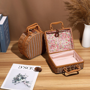 Handheld Ronde Koffer Begeleidende Geschenk Organizer Vintage Geweven Rotan Dozen - Product Image 4