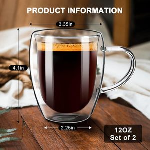 Verres à café, cappuccino, latte et thé résistants à la chaleur de 12 oz (350 ml), tasses à café à double paroi, mugs avec poignée - Product Image 4