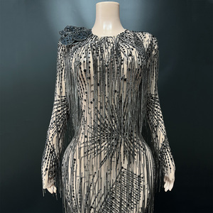 Novance Y4973 Abito da Sera Lungo Nero Chic con Strass e Nappe, Vestito da Cocktail di Alta Qualità, Costumi da Palcoscenico per Cantanti - Product Image 4