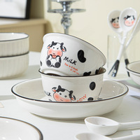 Ensemble de bols et assiettes en céramique pour enfants, style Instagram mignon, série Dudu Cow, compatible micro-ondes, vaisselle de table pour la maison
