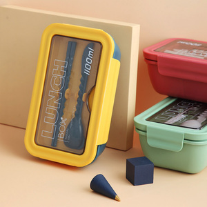 Microwave safe biodegradable stackable airtight bento food container box plastic two grids wheat straw lunch box with tableware