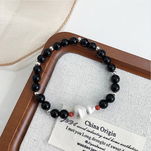 S925 Sterling <b>Silver</b> Black Agate <b>Beaded</b> Bracelet With Gourd Charm For Women Everyday Wear Simple Round Design Trendy Jewelry - Product Image 2