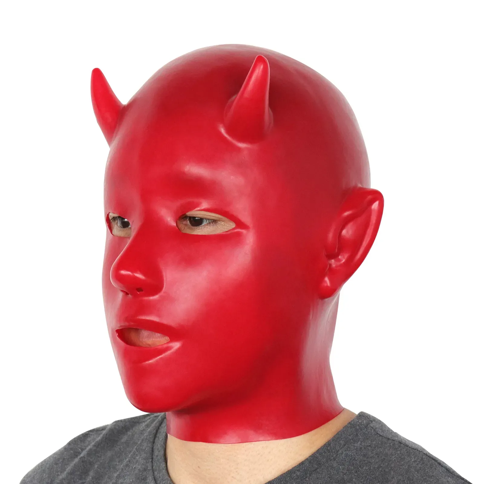 Baju kucing lateks seksi perbudakan pemujaan masker Iblis merah Audit wanita dan pria headset lateks Iblis merah
